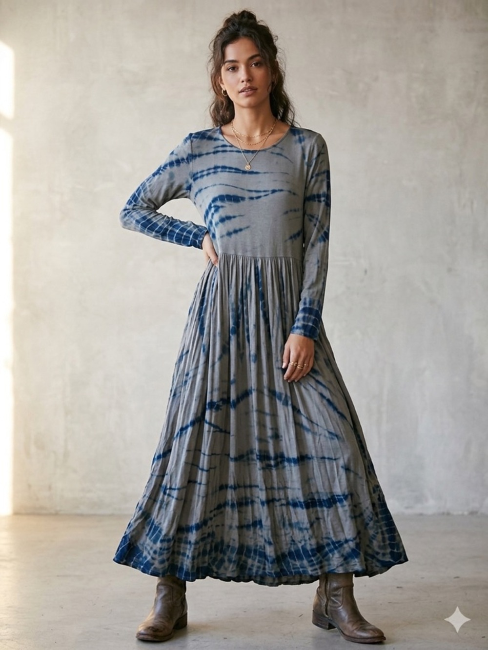 Dolan Left Coast Anthropologie Tie Dye Maxi Dress M Gray Blue Boho Long Sleeve